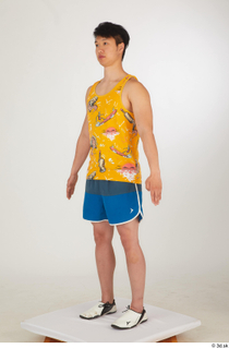  Lan blue shorts dressed sports standing white sneakers whole body yellow printed tank top 0002.jpg